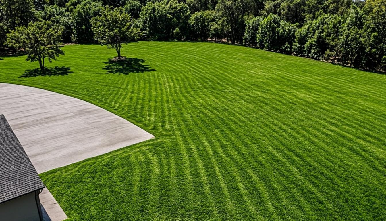 Aerial view of a striped lawn